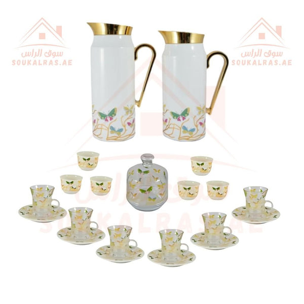 Luxury Arabic Tea and Coffee Set of 20 Pieces (2 Dallahs - 6 Arabic Coffee Cups - 6 Tea Cups - 6 Saucers - Decorated Sugar Bowl) | Elegant Golden Touches | Distinctive Serving Set. - Souk Al Ras