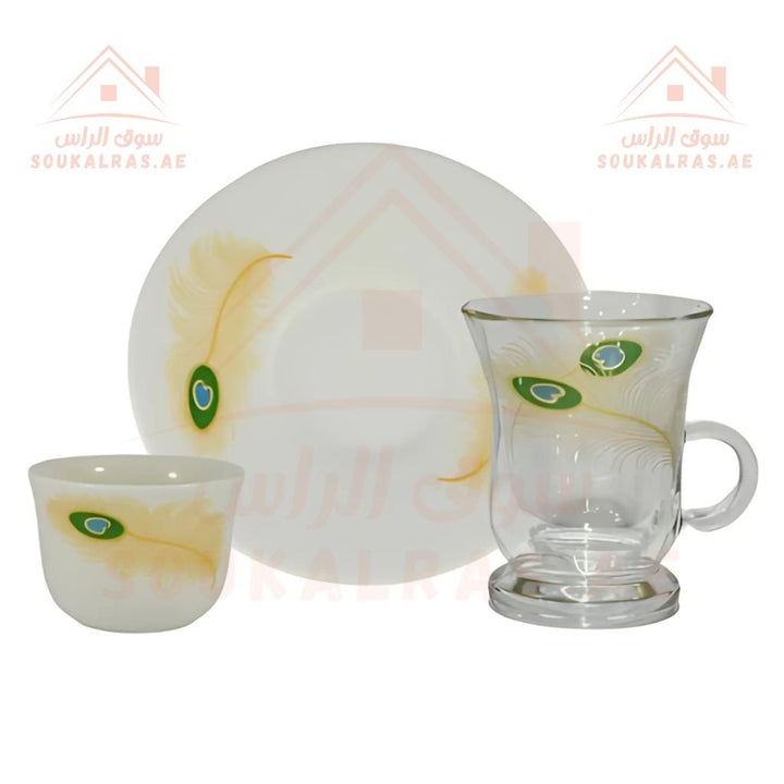 Luxury Arabic Tea and Coffee Set of 20 Pieces (2 Dallahs - 6 Arabic Coffee Cups - 6 Tea Cups - 6 Saucers - Decorated Sugar Bowl) | Elegant Golden Touches | Distinctive Serving Set. - Souk Al Ras