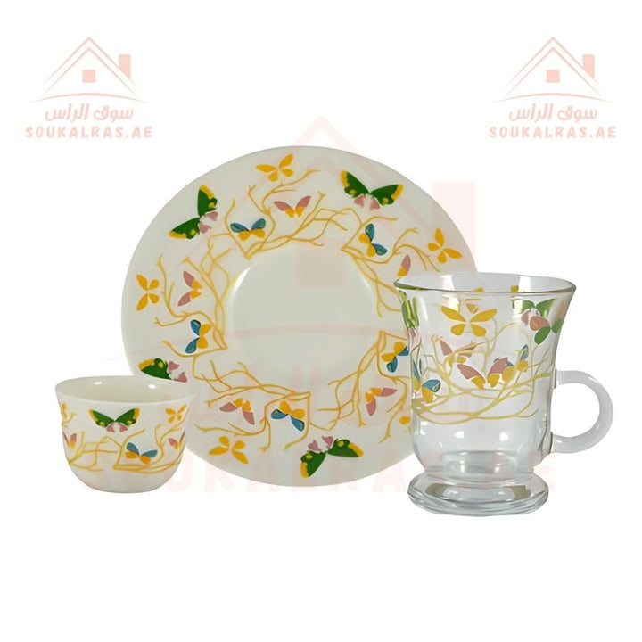 Luxury Arabic Tea and Coffee Set of 20 Pieces (2 Dallahs - 6 Arabic Coffee Cups - 6 Tea Cups - 6 Saucers - Decorated Sugar Bowl) | Elegant Golden Touches | Distinctive Serving Set. - Souk Al Ras