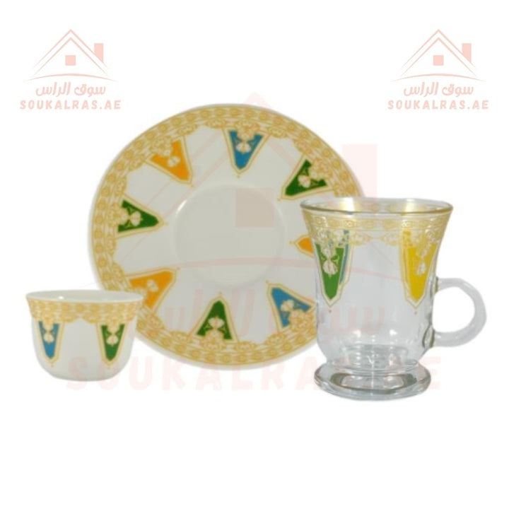 Luxury Arabic Tea and Coffee Set of 20 Pieces (2 Dallahs - 6 Arabic Coffee Cups - 6 Tea Cups - 6 Saucers - Decorated Sugar Bowl) | Elegant Golden Touches | Distinctive Serving Set. - Souk Al Ras