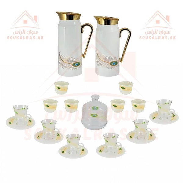 Luxury Arabic Tea and Coffee Set of 20 Pieces (2 Dallahs - 6 Arabic Coffee Cups - 6 Tea Cups - 6 Saucers - Decorated Sugar Bowl) | Elegant Golden Touches | Distinctive Serving Set. - Souk Al Ras