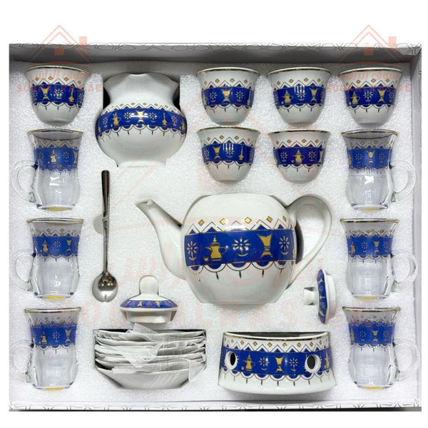 Luxury Arabic Tea Set | 30 - Piece Traditional Tea Serving Set | Teapot, Glass Cups & Saucers - Souk Al Ras