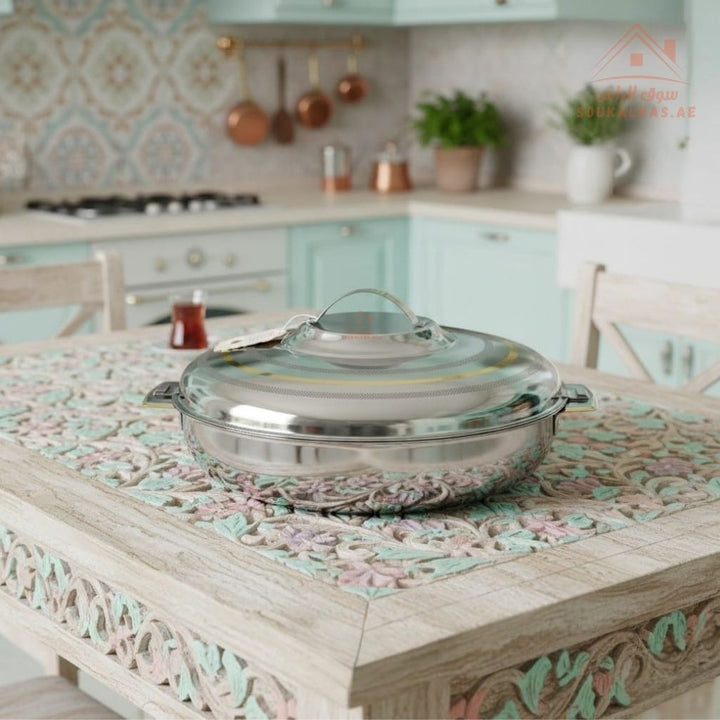 Luxury AYSAN Stainless Steel Insulated Hot Pot | Keeps Food Hot & Fresh for Hours | Elegant Silver - Gold Finish| Ideal for family meals, buffets, and gatherings | Made in India - Souk Al Ras