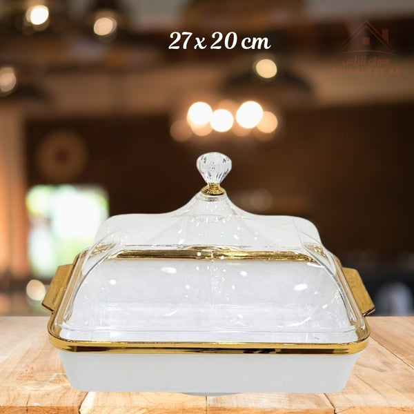 Luxury Covered Serving Dish with Crystal Handle | 27x20 CM | Elegant White & Gold Design - Souk Al Ras