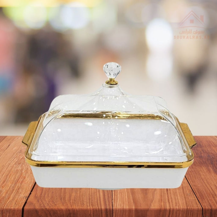 Luxury Covered Serving Dish with Crystal Handle | 27x20 CM | Elegant White & Gold Design - Souk Al Ras