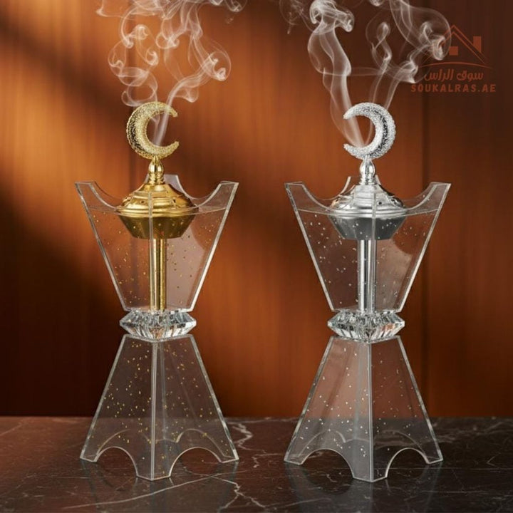 Luxury Crystal Bakhoor Burner | Gold & Silver | Crescent Moon Design | Elegant Oud & Incense Holder for Home & Majlis Décor - Souk Al Ras