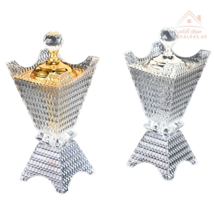 Luxury Crystal Bukhoor Burner with Carved Metal Base | Available in Gold & Silver | Elegant Arabic Design for Home - Souk Al Ras