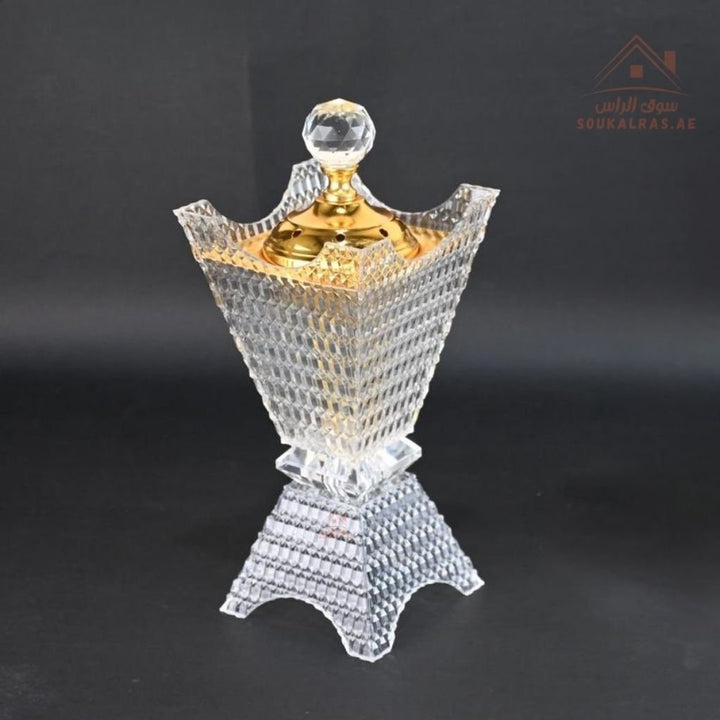 Luxury Crystal Bukhoor Burner with Carved Metal Base | Available in Gold & Silver | Elegant Arabic Design for Home - Souk Al Ras