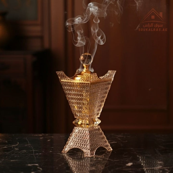 Luxury Crystal Bukhoor Burner with Carved Metal Base | Available in Gold & Silver | Elegant Arabic Design for Home - Souk Al Ras