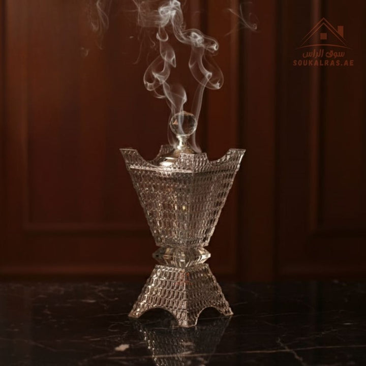 Luxury Crystal Bukhoor Burner with Carved Metal Base | Available in Gold & Silver | Elegant Arabic Design for Home - Souk Al Ras