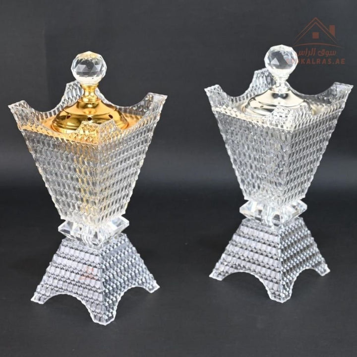 Luxury Crystal Bukhoor Burner with Carved Metal Base | Available in Gold & Silver | Elegant Arabic Design for Home - Souk Al Ras