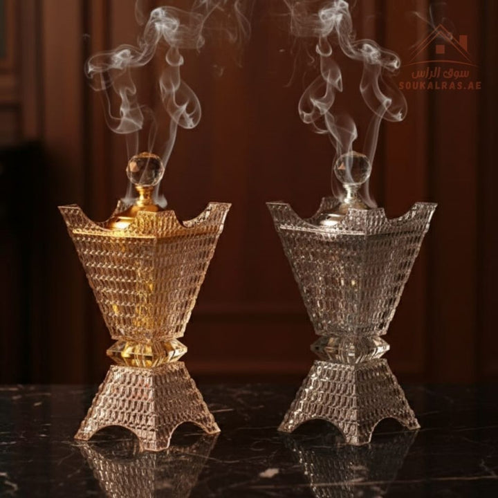 Luxury Crystal Bukhoor Burner with Carved Metal Base | Available in Gold & Silver | Elegant Arabic Design for Home - Souk Al Ras