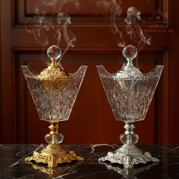 Luxury Crystal Bukhoor Burner with Carved Metal Base | Available in Gold & Silver | Elegant Arabic Design for Home, Majlis & Gifting - Souk Al Ras