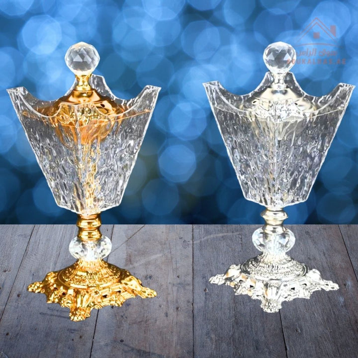 Luxury Crystal Bukhoor Burner with Carved Metal Base | Available in Gold & Silver | Elegant Arabic Design for Home, Majlis & Gifting - Souk Al Ras