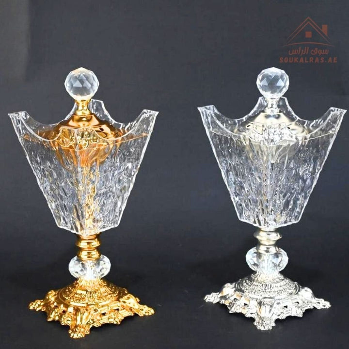 Luxury Crystal Bukhoor Burner with Carved Metal Base | Available in Gold & Silver | Elegant Arabic Design for Home, Majlis & Gifting - Souk Al Ras