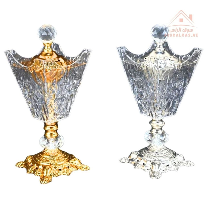 Luxury Crystal Bukhoor Burner with Carved Metal Base | Available in Gold & Silver | Elegant Arabic Design for Home, Majlis & Gifting - Souk Al Ras