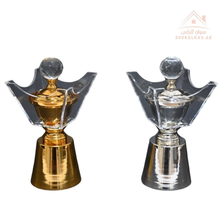 Luxury Crystal Bukhoor Burner with Carved Metal Base | Available in Gold & Silver | Elegant Arabic Design for Home, Majlis & Gifting - Souk Al Ras