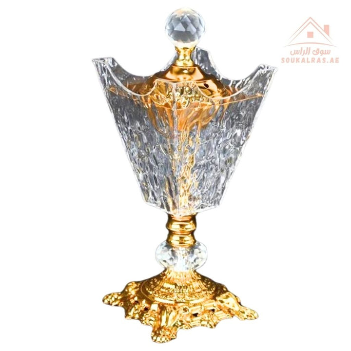 Luxury Crystal Bukhoor Burner with Carved Metal Base | Available in Gold & Silver | Elegant Arabic Design for Home, Majlis & Gifting - Souk Al Ras