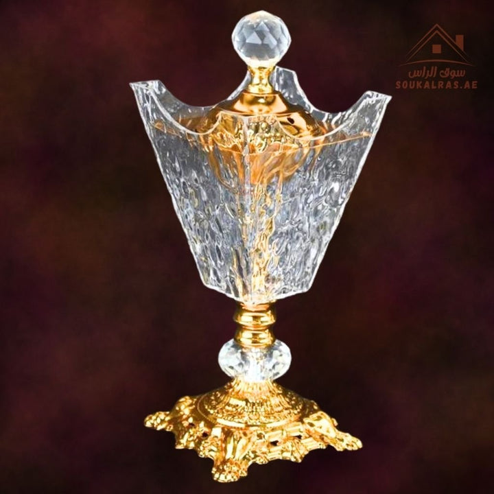 Luxury Crystal Bukhoor Burner with Carved Metal Base | Available in Gold & Silver | Elegant Arabic Design for Home, Majlis & Gifting - Souk Al Ras
