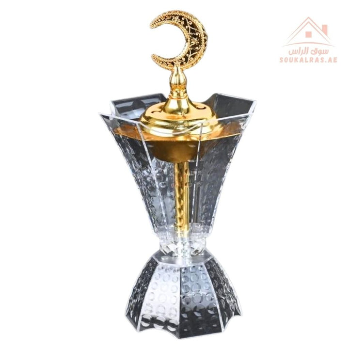 Luxury Crystal Bukhoor Burner with Crescent Moon Top | Available in Gold & Silver | Elegant Arabic Design for Home, Majlis & Gifting - Souk Al Ras