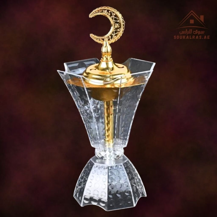 Luxury Crystal Bukhoor Burner with Crescent Moon Top | Available in Gold & Silver | Elegant Arabic Design for Home, Majlis & Gifting - Souk Al Ras