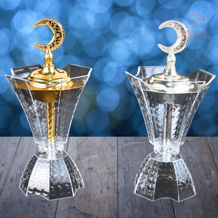 Luxury Crystal Bukhoor Burner with Crescent Moon Top | Available in Gold & Silver | Elegant Arabic Design for Home, Majlis & Gifting - Souk Al Ras