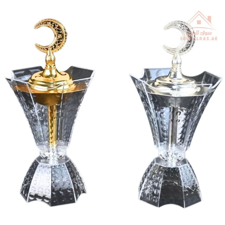 Luxury Crystal Bukhoor Burner with Crescent Moon Top | Available in Gold & Silver | Elegant Arabic Design for Home, Majlis & Gifting - Souk Al Ras