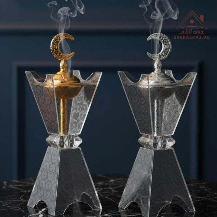Luxury Crystal Bukhoor Burner with Crescent Top| Available in Gold & Silver | Elegant Arabic Design for Home, Majlis & Gifting - Souk Al Ras