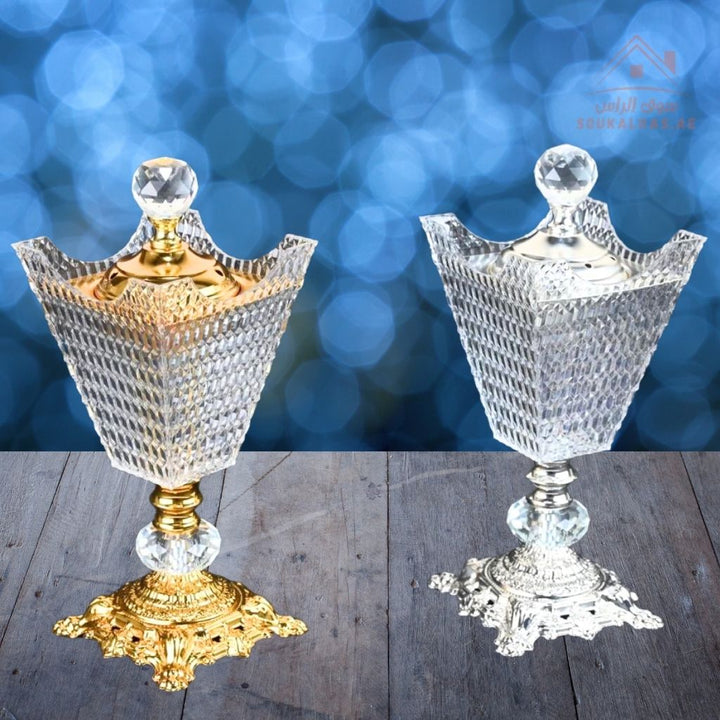 Luxury Crystal Bukhoor Burner with Ornate Base| Available in Gold & Silver | Elegant Arabic Design for Home, Majlis & Gifting - Souk Al Ras