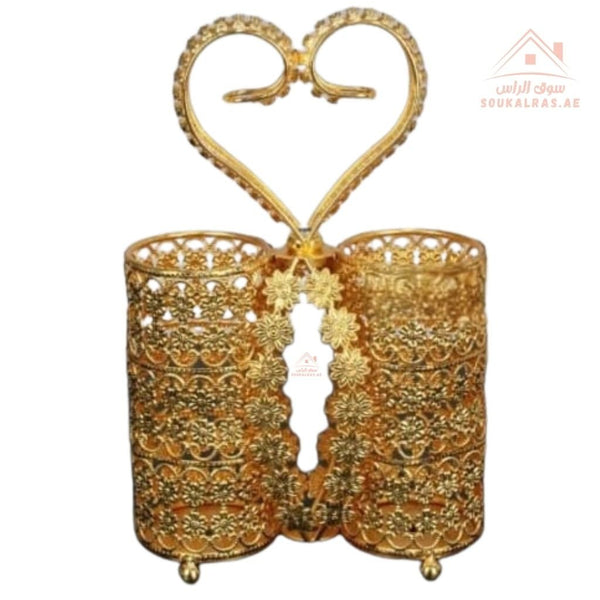 Luxury Double Cup Holder with Floral Golden Design | Elegant Heart Handle | Ideal for Hosting & Serving - Souk Al Ras