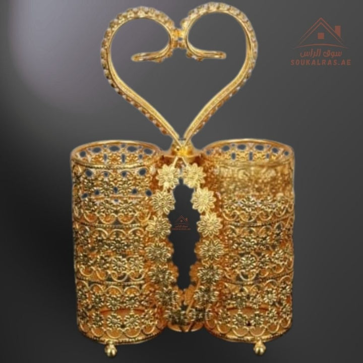 Luxury Double Cup Holder with Floral Golden Design | Elegant Heart Handle | Ideal for Hosting & Serving - Souk Al Ras