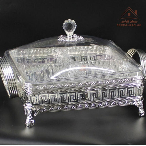 Luxury Elegant 4 - Section Square Serving Box with Crystal Lid | Available in Gold and Silver Colors| Perfect for gatherings, weddings, majlis, and festive hosting - Souk Al Ras