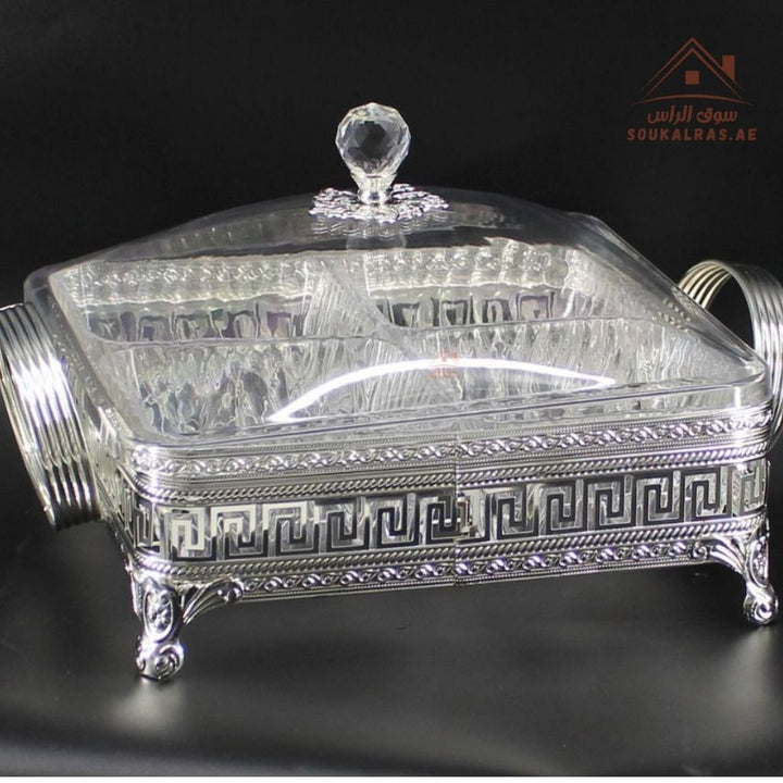 Luxury Elegant 4 - Section Square Serving Box with Crystal Lid | Available in Gold and Silver Colors| Perfect for gatherings, weddings, majlis, and festive hosting - Souk Al Ras