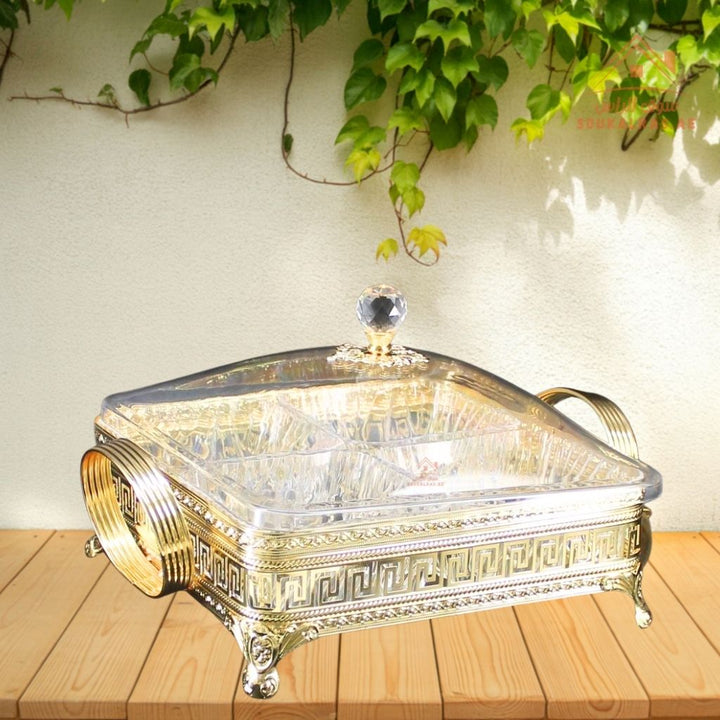 Luxury Elegant 4 - Section Square Serving Box with Crystal Lid | Available in Gold and Silver Colors| Perfect for gatherings, weddings, majlis, and festive hosting - Souk Al Ras
