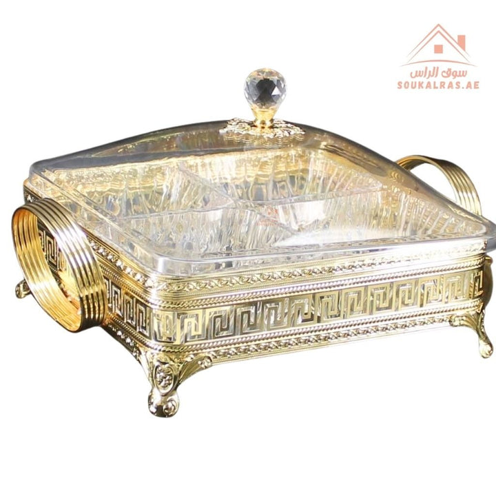 Luxury Elegant 4 - Section Square Serving Box with Crystal Lid | Available in Gold and Silver Colors| Perfect for gatherings, weddings, majlis, and festive hosting - Souk Al Ras