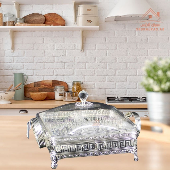 Luxury Elegant 4 - Section Square Serving Box with Crystal Lid | Available in Gold and Silver Colors| Perfect for gatherings, weddings, majlis, and festive hosting - Souk Al Ras