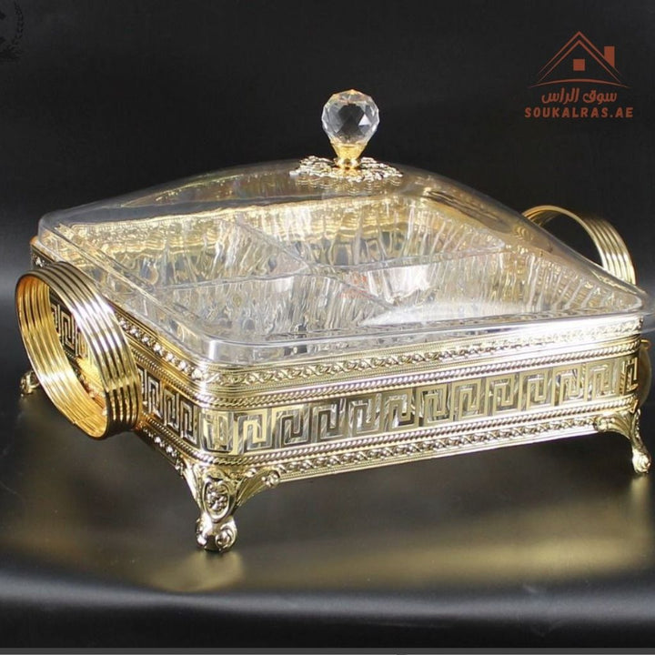 Luxury Elegant 4 - Section Square Serving Box with Crystal Lid | Available in Gold and Silver Colors| Perfect for gatherings, weddings, majlis, and festive hosting - Souk Al Ras