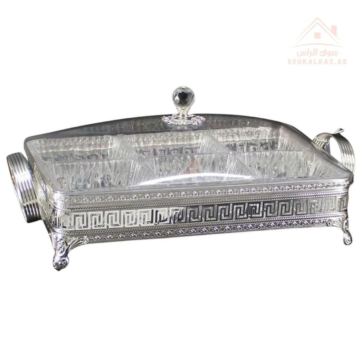 Luxury Elegant 6 - Section Rectangular Serving Box with Crystal Lid | Available in Gold and Silver Colors| Perfect for gatherings, weddings, majlis, and festive hosting - Souk Al Ras