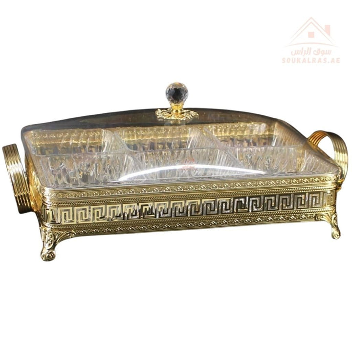 Luxury Elegant 6 - Section Rectangular Serving Box with Crystal Lid | Available in Gold and Silver Colors| Perfect for gatherings, weddings, majlis, and festive hosting - Souk Al Ras