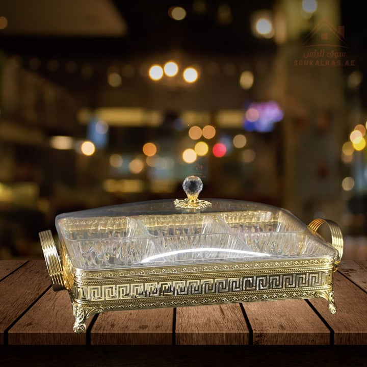Luxury Elegant 6 - Section Rectangular Serving Box with Crystal Lid | Available in Gold and Silver Colors| Perfect for gatherings, weddings, majlis, and festive hosting - Souk Al Ras