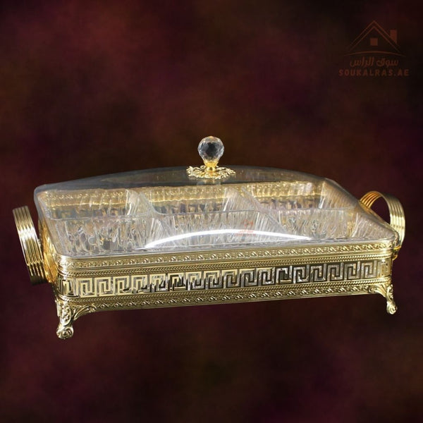 Luxury Elegant 6 - Section Rectangular Serving Box with Crystal Lid | Available in Gold and Silver Colors| Perfect for gatherings, weddings, majlis, and festive hosting - Souk Al Ras