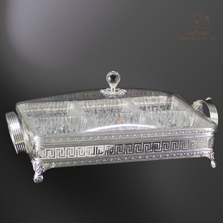 Luxury Elegant 6 - Section Rectangular Serving Box with Crystal Lid | Available in Gold and Silver Colors| Perfect for gatherings, weddings, majlis, and festive hosting - Souk Al Ras