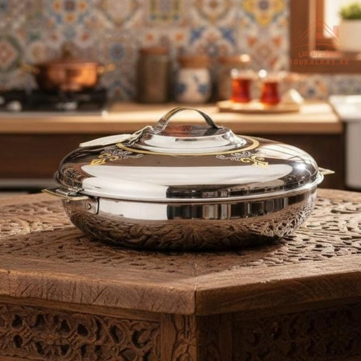 Luxury ELISA Stainless Steel Insulated Hot Pot | Keeps Food Hot & Fresh for Hours | Elegant Silver - Gold Finish| Ideal for family meals, buffets, and gatherings | Made in India - Souk Al Ras