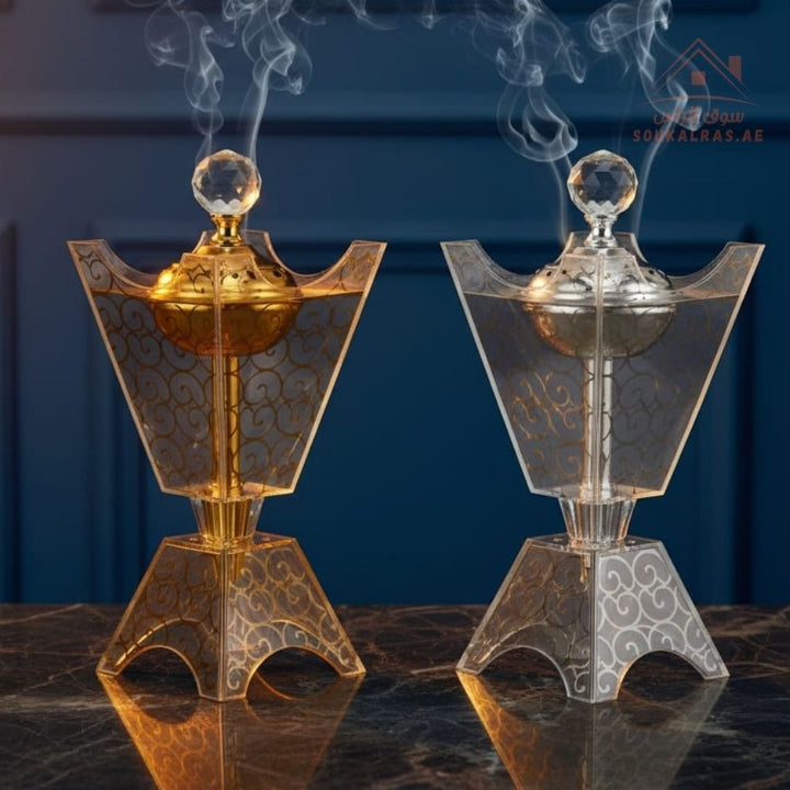 Luxury Engraved Crystal Bakhoor Burner | Gold & Silver | Premium Acrylic Oud & Incense Holder | Elegant Arabic Home Décor - Souk Al Ras