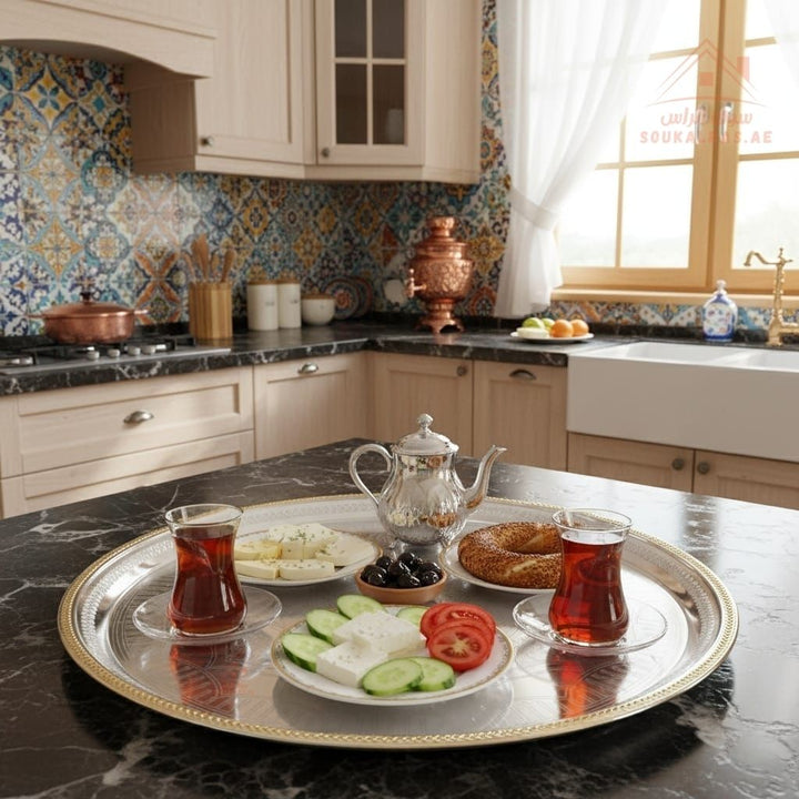 Luxury Engraved Serving Tray | Silver & Gold Finish | Perfect for Coffee, Tea & Desserts | Easy to clean & long - lasting shine - Souk Al Ras