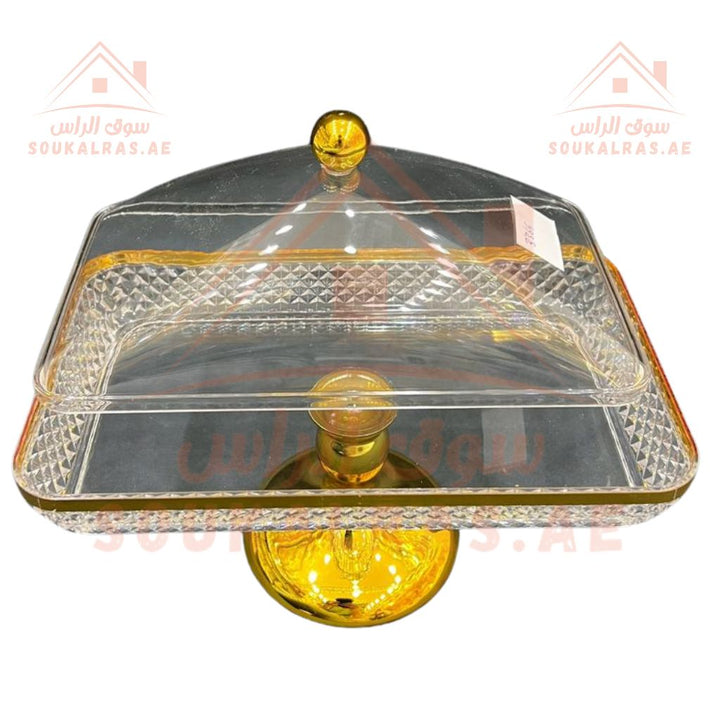 Luxury Glass Cake & Dessert Stand with Dome Cover | Gold - Plated Pedestal | Elegant Serving Tray - Souk Al Ras