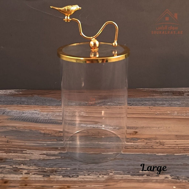 Luxury Glass Jar with Golden Bird Lid | Elegant Storage Container| perfect for storing sweets, coffee, or decorative display - Souk Al Ras