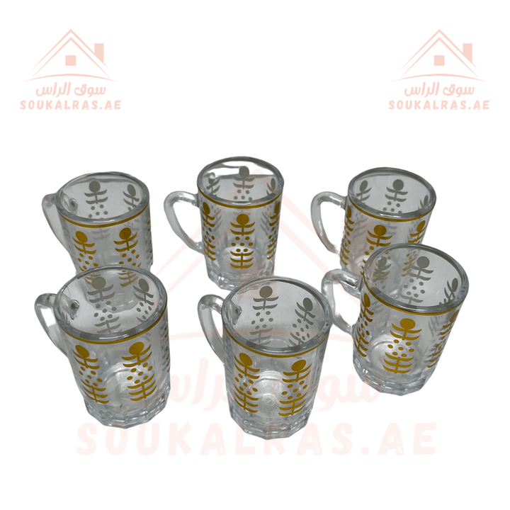 Luxury Glass Kettle 1L with Gold Detailing and Stainless Steel Strainer and 6 Tea Cup Set with Gold Accents - Souk Al RasCoffee & Tea Cups