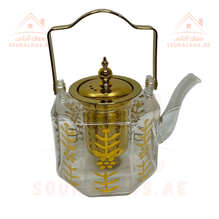 Luxury Glass Kettle 1L with Gold Detailing and Stainless Steel Strainer and 6 Tea Cup Set with Gold Accents - Souk Al RasCoffee & Tea Cups