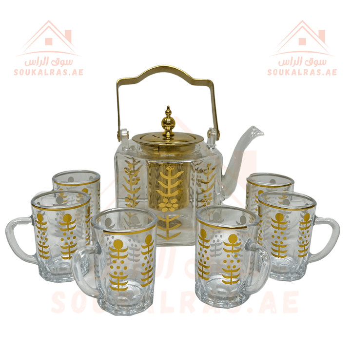 Luxury Glass Kettle 1L with Gold Detailing and Stainless Steel Strainer and 6 Tea Cup Set with Gold Accents - Souk Al RasCoffee & Tea Cups